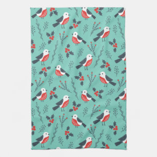 Colorful Christmas Birds & Winter Foliage Pattern Towel