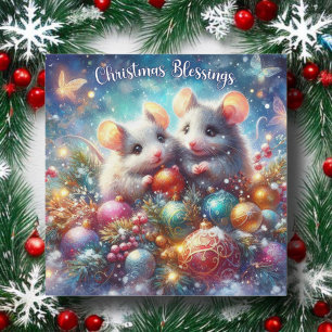 Colorful Christmas Blessings Cute Festive Mice Holiday Card