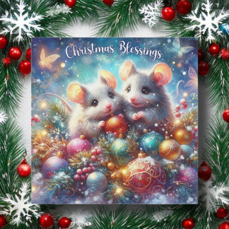 Colorful Christmas Blessings Cute Festive Mice Holiday Card
