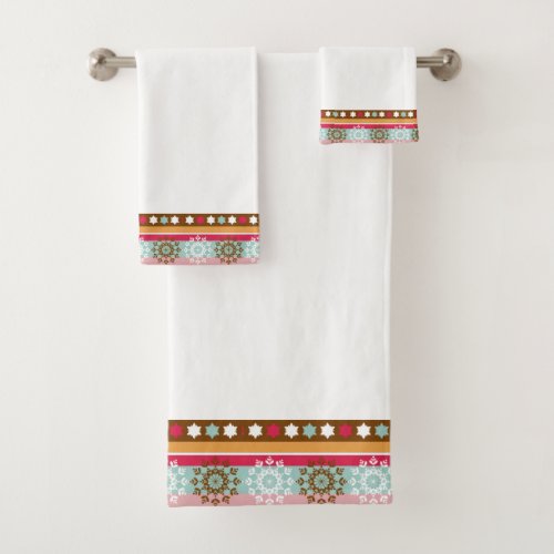 Colorful Christmas Border Stripes  Snowflakes Bath Towel Set