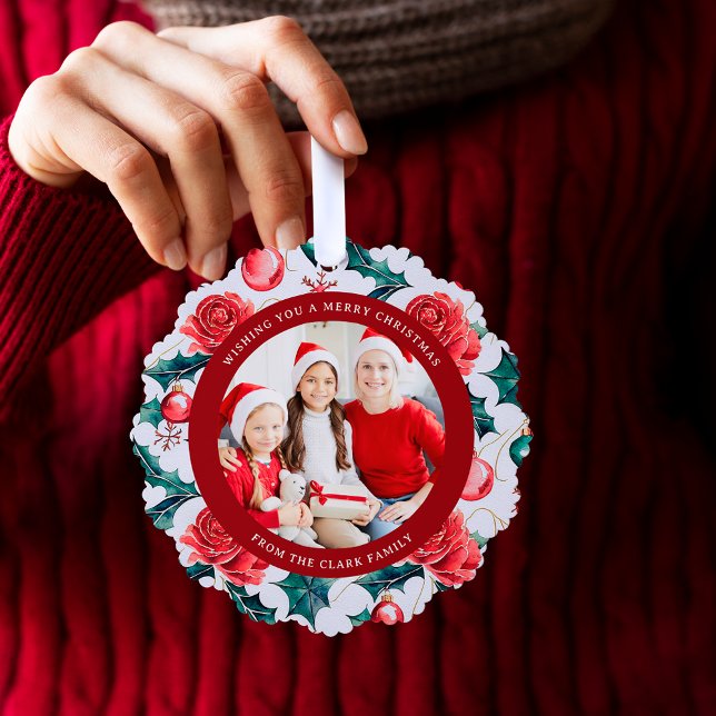 Colorful Christmas Botanical Floral Photo-Red Ornament Card (Creator Uploaded)