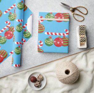 Colorful Christmas Candy Canes & Ornaments Wrapping Paper