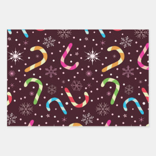 Colorful Christmas Candy Canes with Snowflakes  Wrapping Paper Sheets