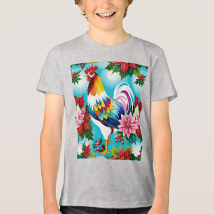 Colorful Christmas Chicken And Poinsettias Tri-Blend Shirt