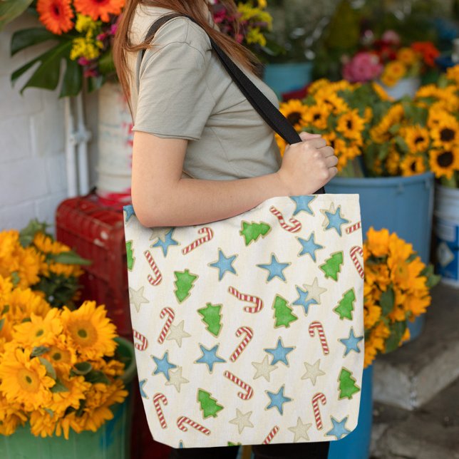 Colorful Christmas Cookies Pattern  Tote Bag (Christmas cookies whimsical pattern tote bag)