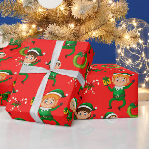 Colorful Christmas Elf and Candy Cane Red Wrapping Paper