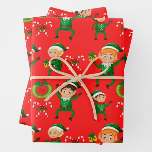 Colorful Christmas Elf and Candy Cane Red Wrapping Paper Sheets