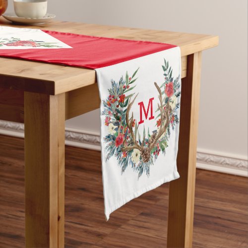 Colorful Christmas floral wreath and antlers Long Table Runner