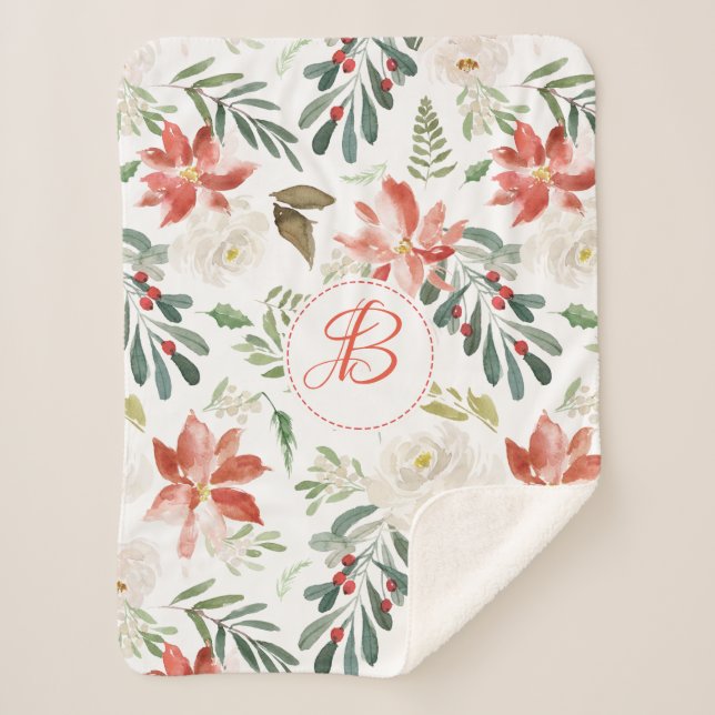 Colorful Christmas flowers pattern monogram Sherpa Blanket (Front)