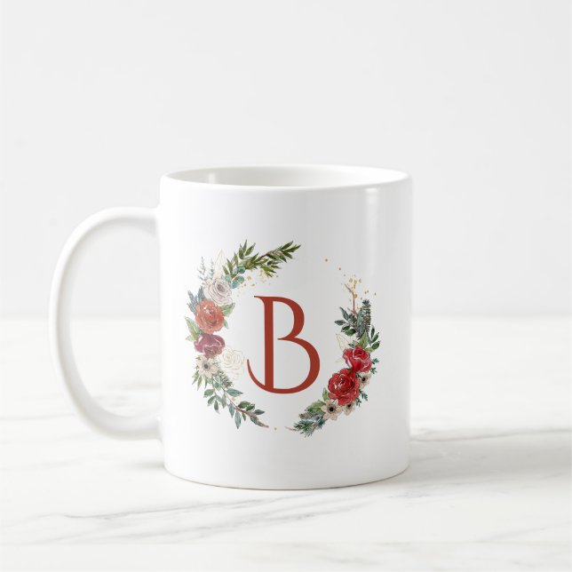 Colorful Christmas flowers wreath monogram Coffee Mug (Left)