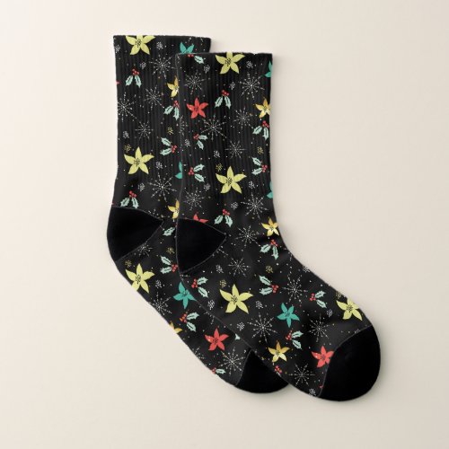 Colorful Christmas Foliage  Snowflakes Pattern Socks