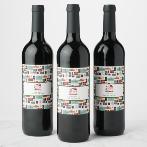 Colorful Christmas Gift Box Patterns Wine Label