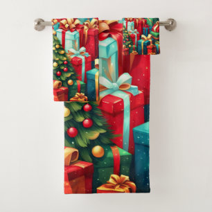 Colorful Christmas Gifts, Holiday Tree Pattern Bath Towel Set