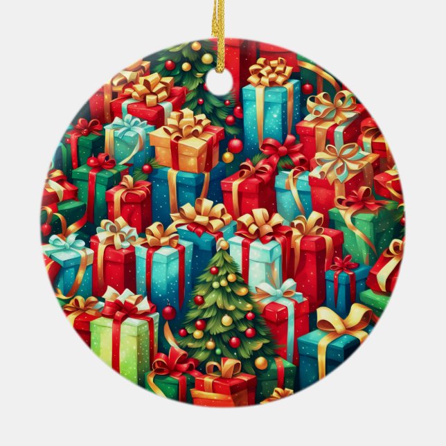 Colorful Christmas Gifts,  Holiday Tree Pattern  Ceramic Ornament (Back)