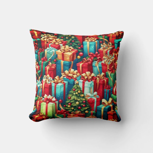 Colorful Christmas Gifts,  Holiday Tree Pattern  Throw Pillow (Front)