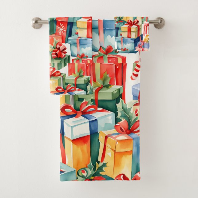 Colorful Christmas Gifts Watercolor  Pattern  Bath Towel Set (Insitu)