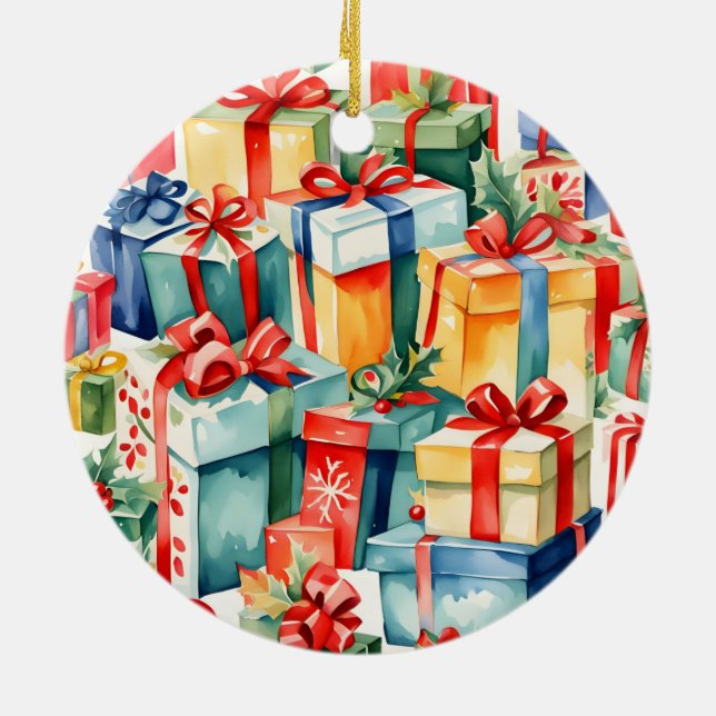 Colorful Christmas Gifts Watercolor  Pattern  Ceramic Ornament (Back)