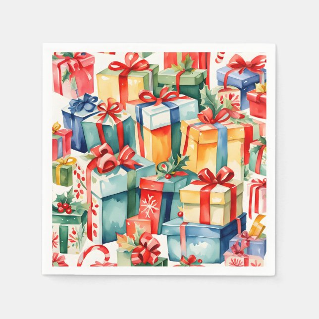 Colorful Christmas Gifts Watercolor  Pattern  Napkins (Front)