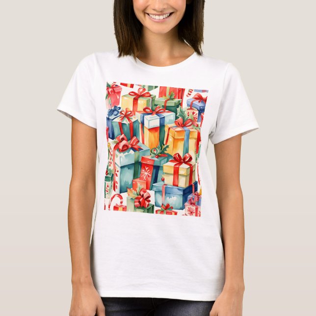 Colorful Christmas Gifts Watercolor  Pattern  T-Shirt (Front)