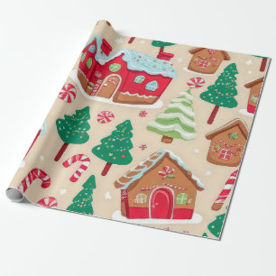Colorful Christmas Gingerbread Houses Tree Pattern Wrapping Paper