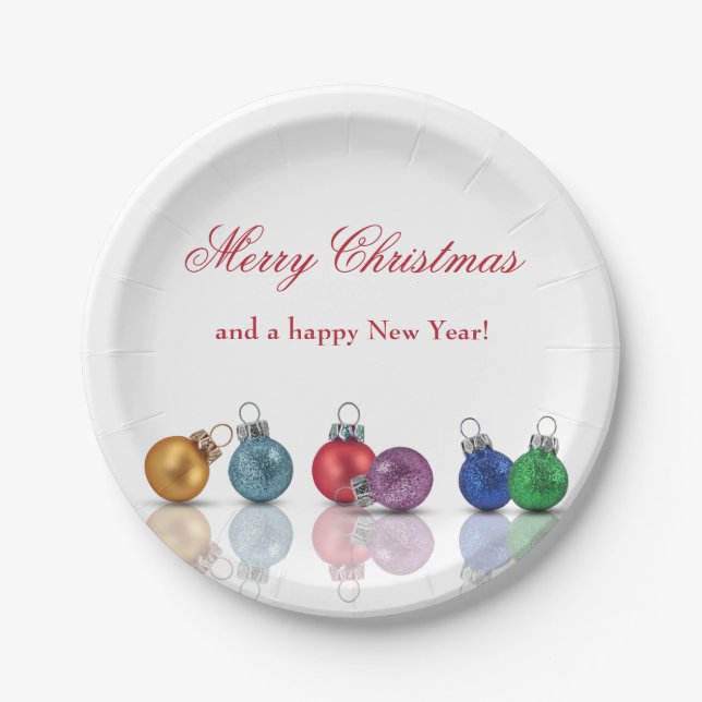 Colorful Christmas Glitter Ornaments Paper Plates (Front)