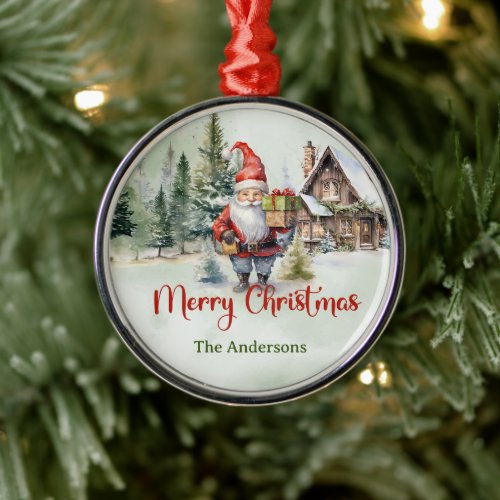 Colorful Christmas gnome in winter village Metal Ornament
