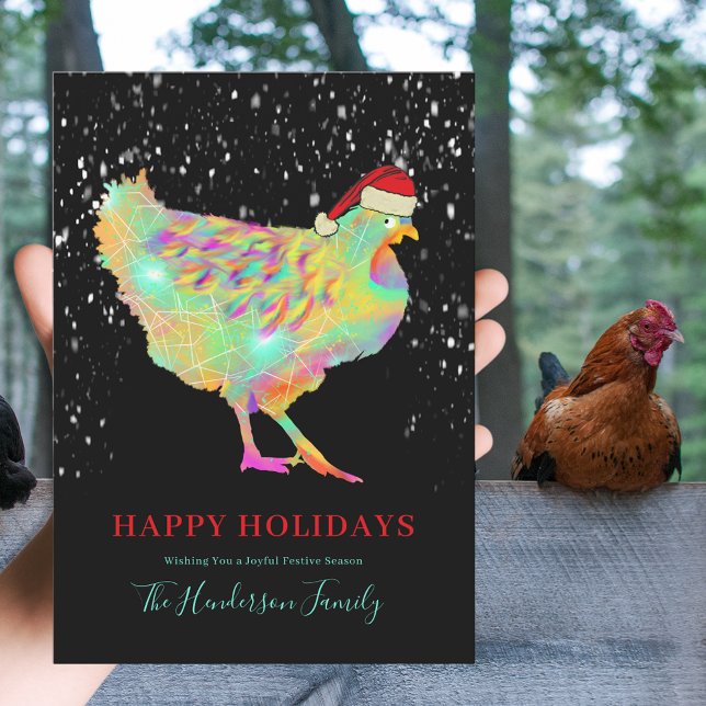 Colorful Christmas Hen Add Name  Holiday Card (Colorful Christmas hen wearing a santa hat farm animal art custom holiday greetings card)
