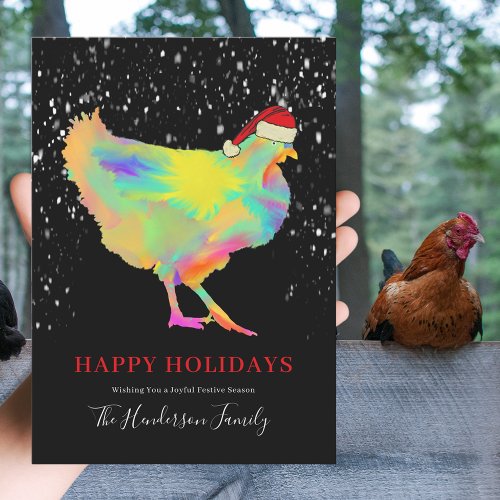 Colorful Christmas Hen Wearing a Santa Hat Holiday Card