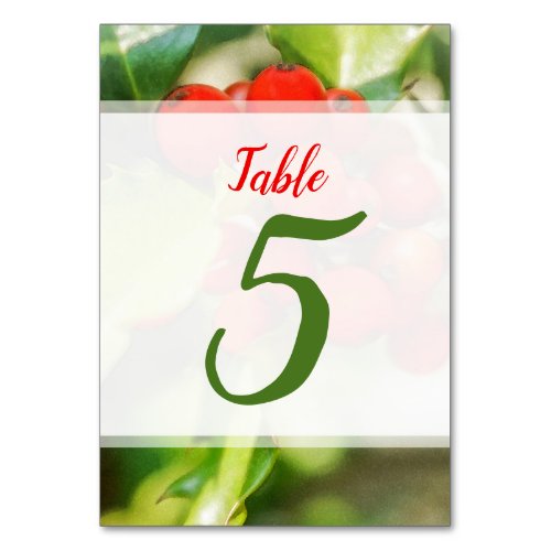 Colorful Christmas Holly Watercolor Table Number