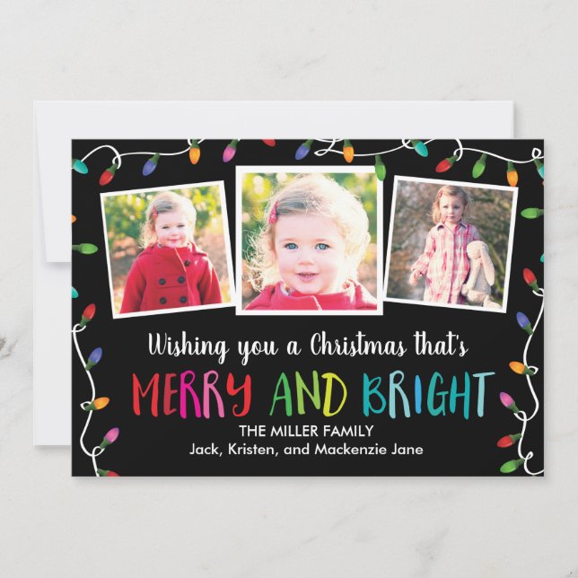 Colorful Christmas Lights (Black) 3 Photo Card (Front)