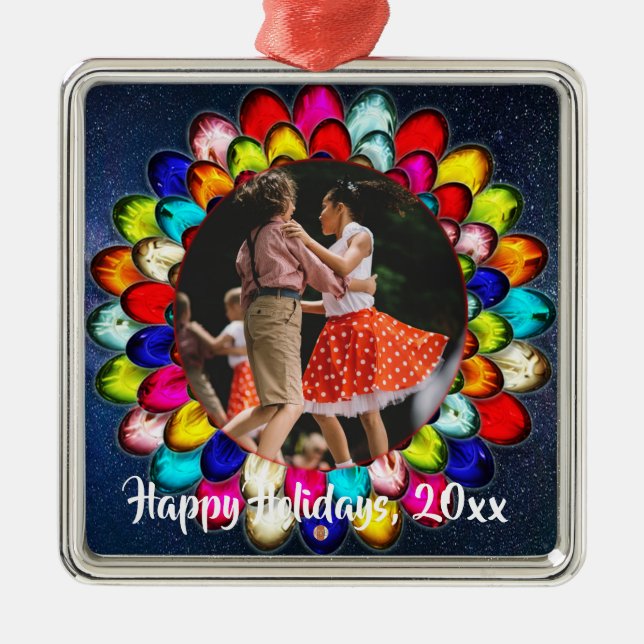 Colorful Christmas Lights Blue Recital Moment Metal Ornament (Front)