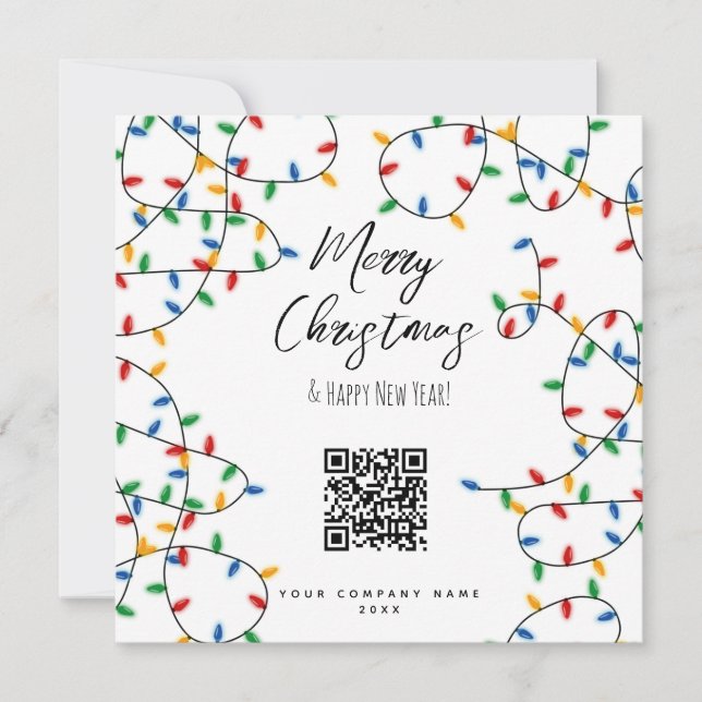 Colorful Christmas Lights Company Business QR Code Holiday Card (Front)