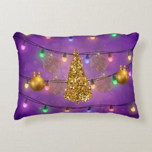Colorful Christmas Lights Golden Tree & Ornaments Decorative Pillow