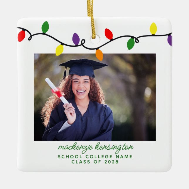 Colorful Christmas Lights Graduation Photo Ceramic Ornament (Front)