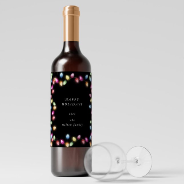 Colorful Christmas Lights Monogram Wine Label (Creator Uploaded)
