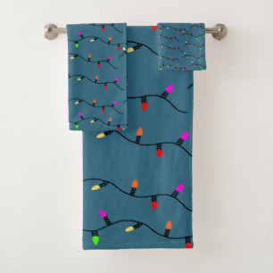 Colorful Christmas Lights On Blue Bath Towel Set