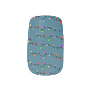 Colorful Christmas Lights On Blue Minx Nail Art