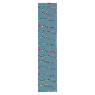 Colorful Christmas Lights On Blue Short Table Runner