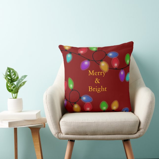 Colorful Christmas Lights On Red Throw Pillow (Chair)