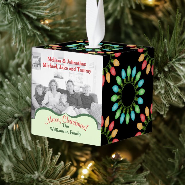 Colorful Christmas Lights Pattern Personalized Cube Ornament (Tree)