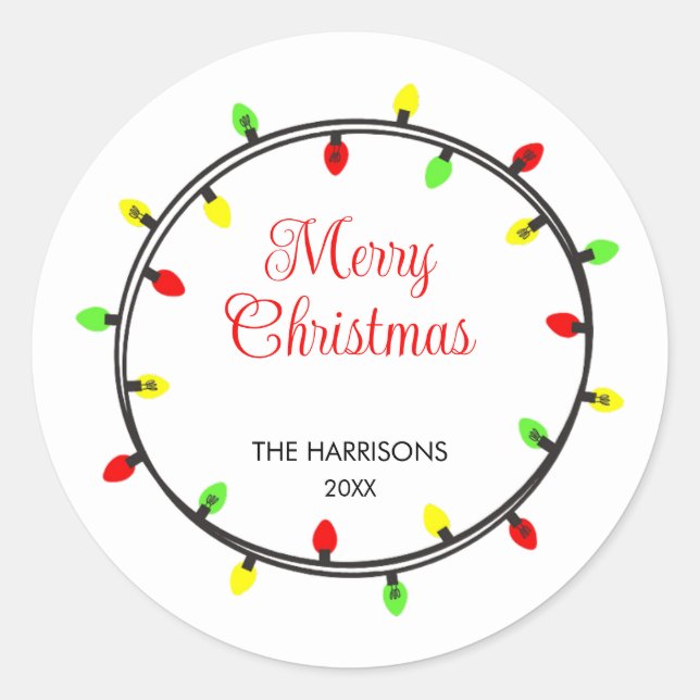 Colorful Christmas Lights Round Frame Classic Round Sticker (Front)