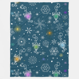 Colorful Christmas Lights & White Snowflakes Fleece Blanket