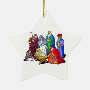Colorful Christmas Nativity Scene Ceramic Ornament by santasgrotto at Zazzle