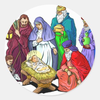 Colorful Christmas Nativity Scene Classic Round Sticker by santasgrotto at Zazzle
