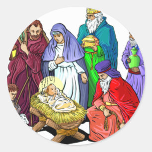 Colorful Christmas Nativity Scene Classic Round Sticker