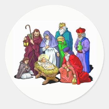 Colorful Christmas Nativity Scene Classic Round Sticker by santasgrotto at Zazzle