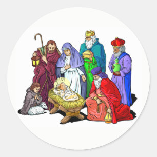 Colorful Christmas Nativity Scene Classic Round Sticker