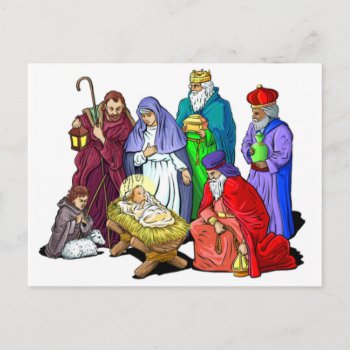 Colorful Christmas Nativity Scene Holiday Postcard by santasgrotto at Zazzle