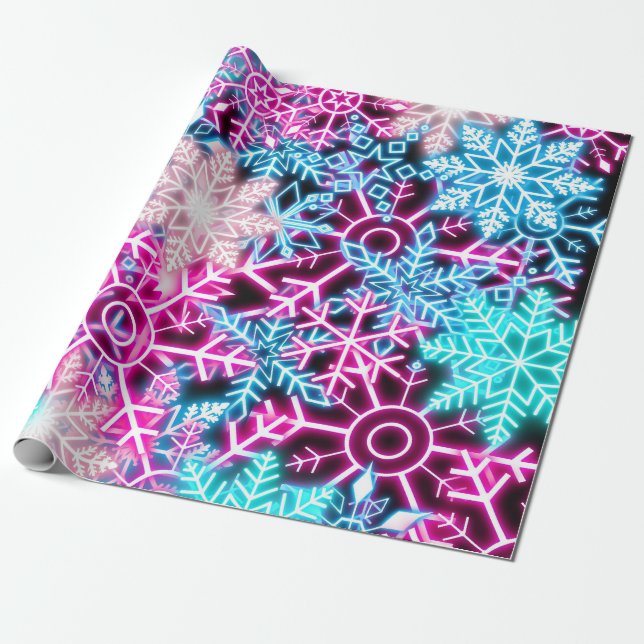 Colorful Christmas Neon Snowflakes Pattern Wrapping Paper (Unrolled)