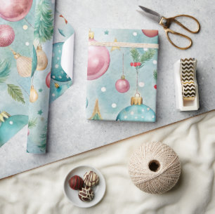 Colorful Christmas Ornaments and Trees Wrapping Paper